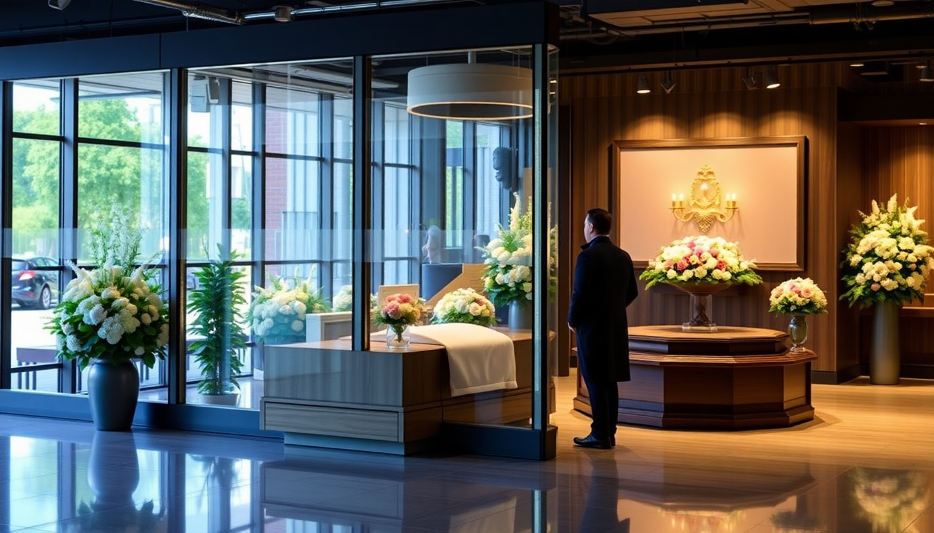 デジタル技術と伝統が融合した近未来的な葬儀サービス、パーソナライズド追悼ムービーが映し出される追悼空間