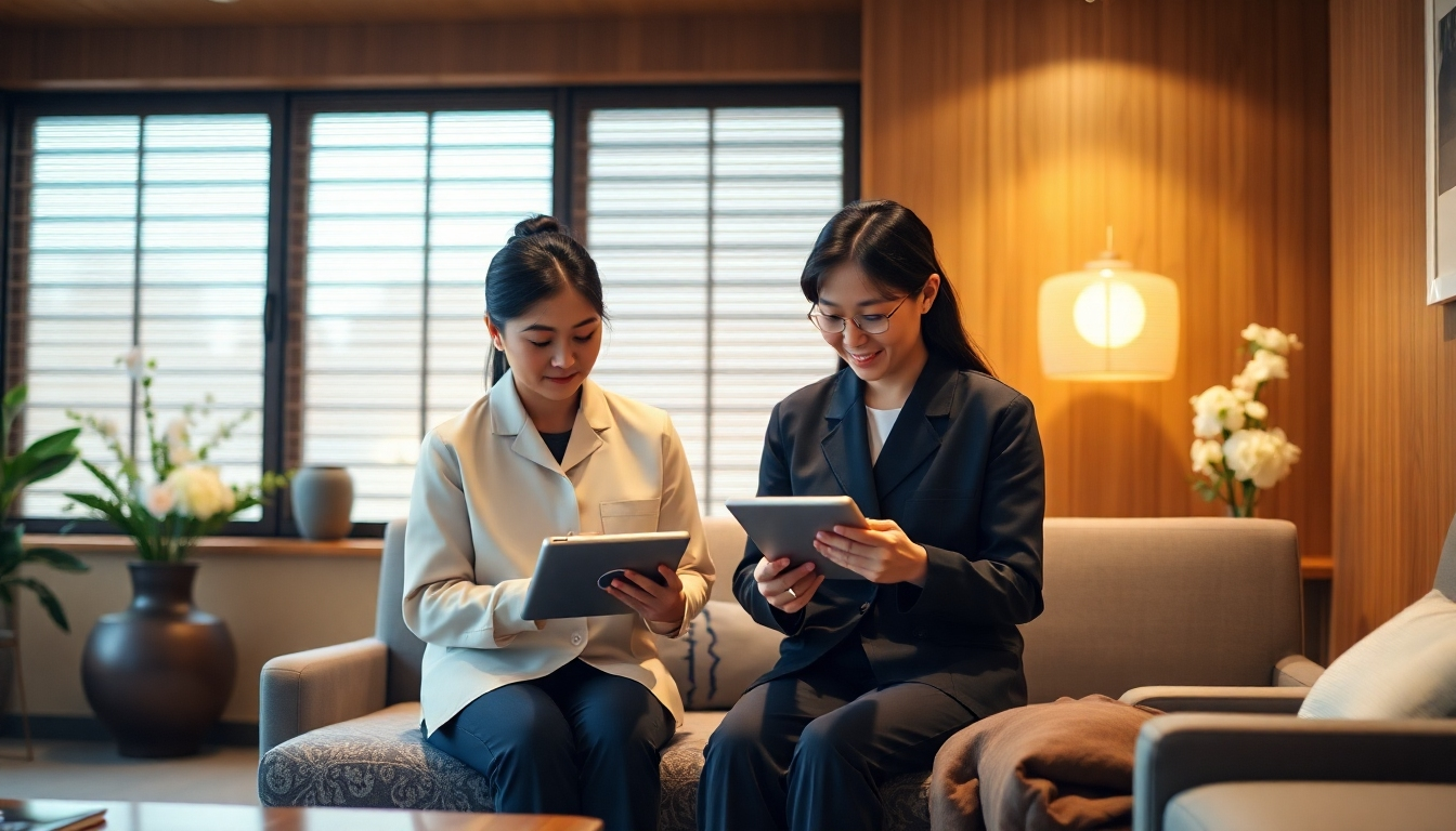 温かい雰囲気の葬儀相談室で、デジタルタブレットを使いながらご遺族に寄り添う日本人スタッフ