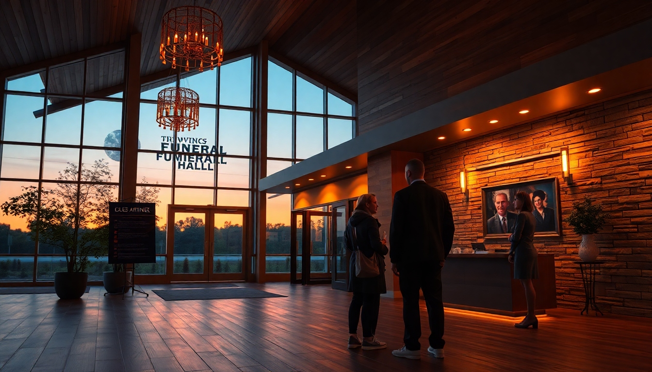 夕刻葬を案内する都心の葬儀会館ロビー